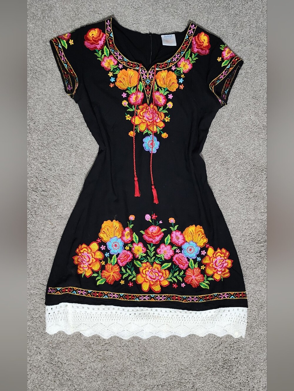 Black Embroidered Floral Mini Dress with Tassel Tie